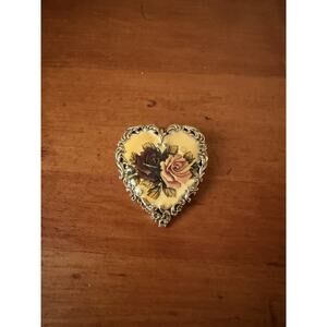 Vintage Heart Rose Filigree Gold-Tone Brooch Victorian Revival Style Passion